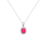 Asfour Crystal Box Chain Necklace With Halo Fuchsia Oval Pendant In 925 Sterling Silver-NM0035-F
